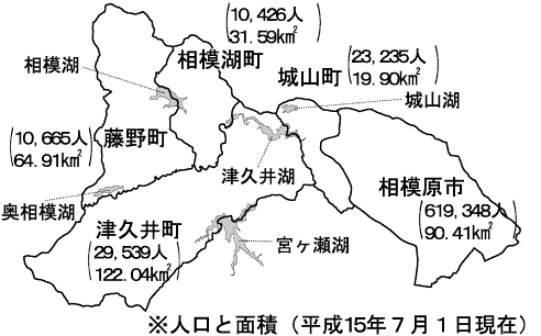 イラスト：相模原市・津久井郡4町の概要図