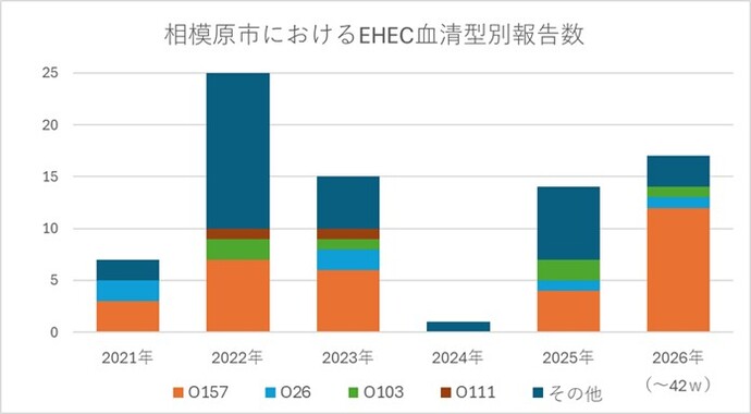 2021年から2026年（第42週まで）の「相模原市におけるEHEC血清型別報告数」を示す帯グラフ。