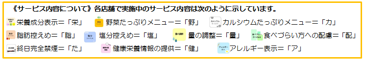 《サービス内容について》各店舗で実施中のサービス内容は次のように示しています。　栄養成分表示＝「栄」　野菜たっぷりメニュー＝「野」　カルシウムたっぷりメニュー＝「カ」　脂肪控えめ＝「脂」　塩分控えめ＝「塩」　量の調整＝「量」　食べづらい方への配慮＝「配」　終日完全禁煙＝「た」　健康栄養情報の提供＝「健」　アレルギー表示＝「ア」