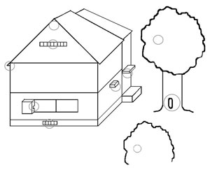 巣ができやすい場所のイラスト（植栽、木の洞、軒下、天井裏、壁の中、換気扇内、換気口、床下通気口、雨戸の戸袋）