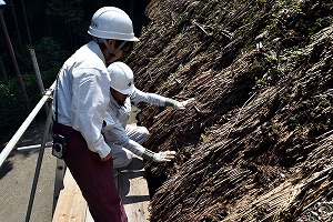 茅葺屋根の修繕工事をする際の調査を行っている写真