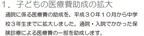 「1.子どもの医療費助成の拡大」通院に係る医療費の助成を、平成30年10月から中学校3年生までに拡大しました。通院・入院でかかった保険診療による医療費の一部を助成します。