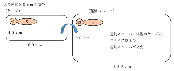 分離型イメージ画像 犬の体長30センチの場合　ケージ　45センチ×60センチ　運動スペース　90センチ×180センチ　運動スペース一体型のケージと同サイズ以上の運動スペースが必要
