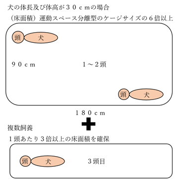 犬の体長30センチの場合 （床面積）運動スペース分離型のケージサイズの6倍以上　ケージ 90センチ×180センチ　複数飼養の場合は、90センチ×180センチにプラス1頭あたり3倍以上の床面積を確保　運動スペース一体型のイメージ図