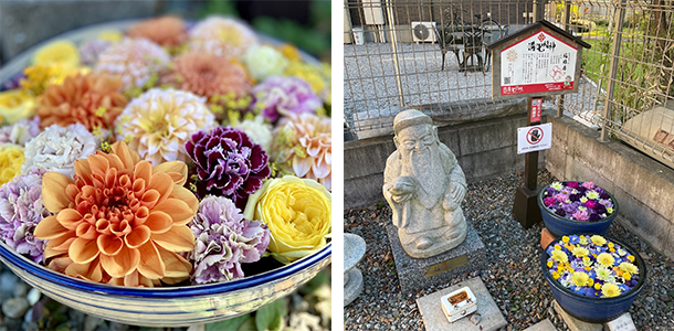 シンプルな器にカラフルなお花が浮かぶ花手水と七福神像　写真