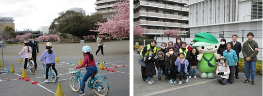 自転車安全教室開催中の写真と集合写真