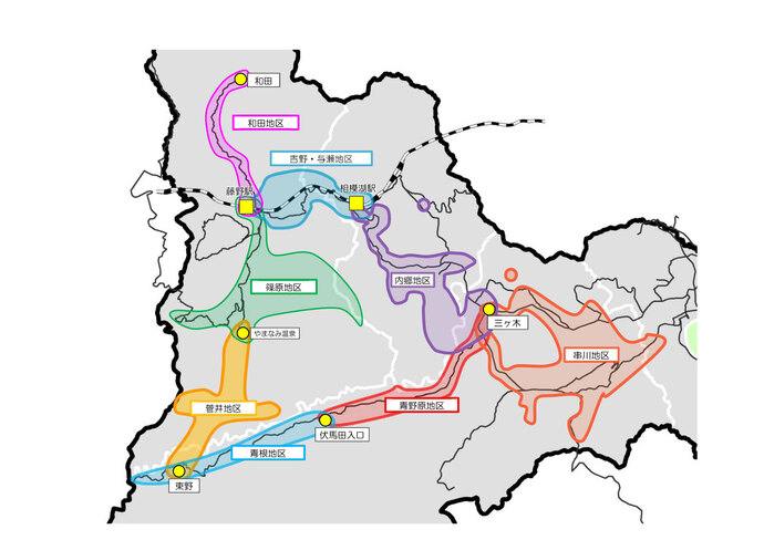 運賃区域の地図イメージ　各地区版PDFをご覧ください。