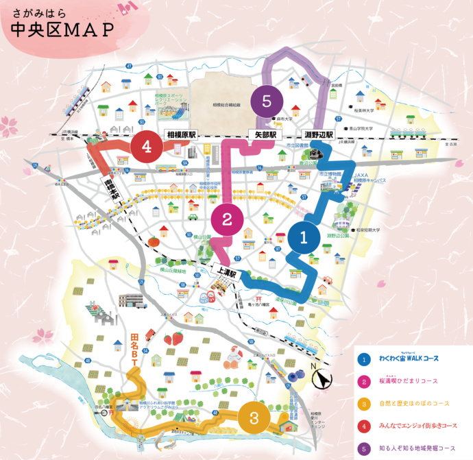 さがみはら中央区散策ガイドマップイメージ画像(1)わくわく宙WALK(ちゅううぉーく)コース(2)桜満喫ひだまりコース(3)自然と歴史ほのぼのコース(4)みんなでエンジョイ街歩きコース(5)知る人ぞ知る地域発掘コース
