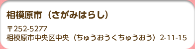 相模原市（さがみはらし）　〒252-5277 相模原市中央区中央（ちゅうおうくちゅうおう）2-11-15